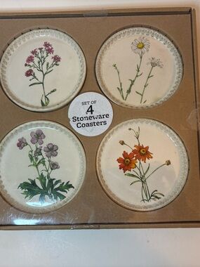 Thirstystone Brown Coaster Set Stoneware FLORAL Like New In Box